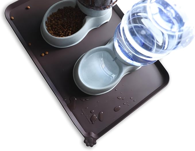 Hoki Found Large Silicone Pet Food Mat - Non Slip, Waterproof Dog Cat Bowl Mat - Dark Oak