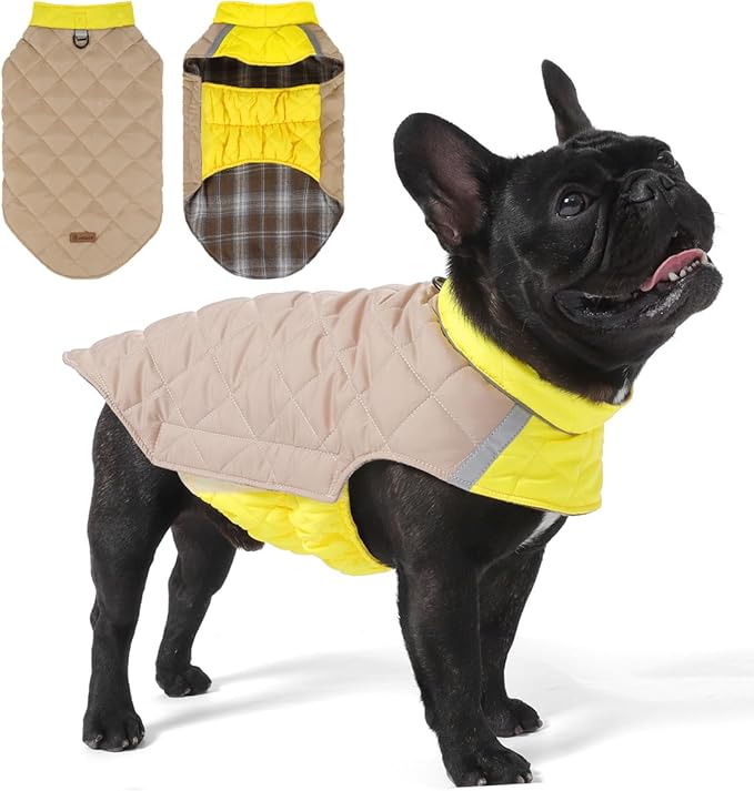 Reversible Waterproof Dog Coat - Adjustable Winter Jacket for Small to Large Breeds, Warm Cold Weather Apparel for Medium Dogs (Khaki & Yellow, X-Large (Pack of 1))