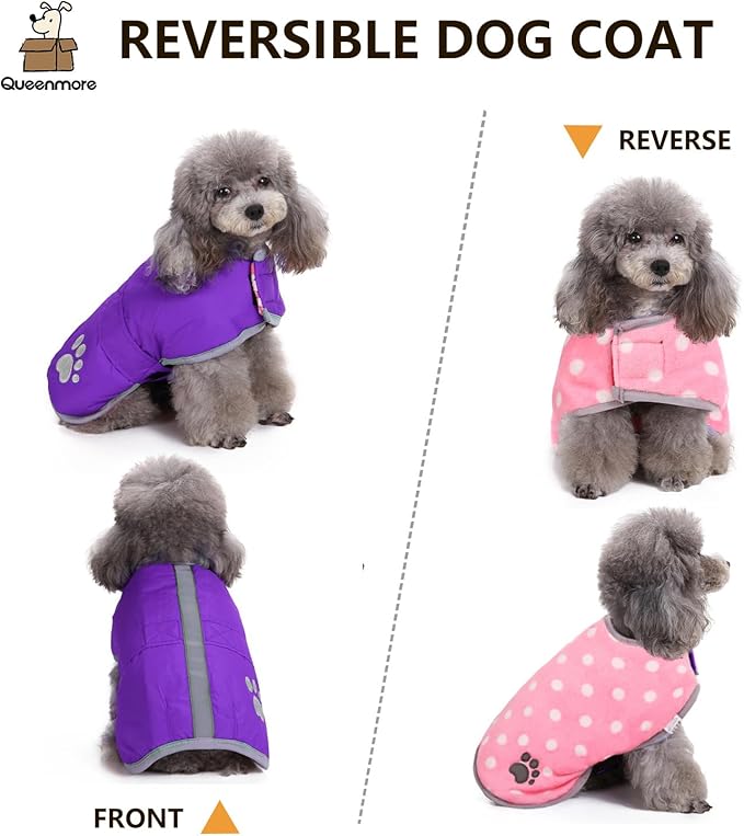 Queenmore Dog Winter Coat, Cold Weather Fleece Jacket for Dogs, Waterproof Reflective Reversible, for Small, Medium and Large Dogs (Purple, 2XL)
