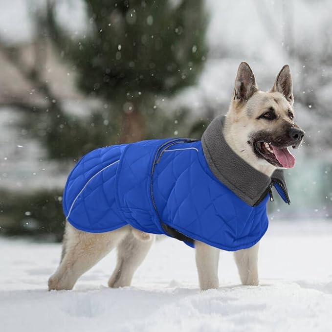 Kuoser Dog Coat, Extra Warm Dog Jacket Windproof Dogs Cold Weather Coats for Large Dogs, Fleece Lining Turtleneck Puppy Snowsuit Reflective Adjustable Pet Winter Clothes Christmas, Blue L