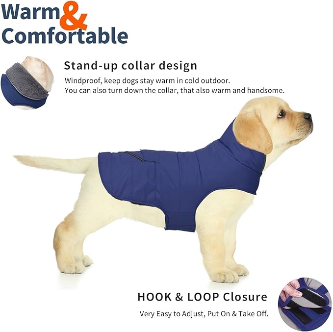 Dog Coat, Waterproof Dog Winter Jacket with Pocket, Reflective Adjustable Pet Snow Vest, Warm Cozy Fleece Sweater for Small Medium Extra Large Dogs - Blue, M