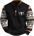 HOTYD Aztec Cowboy Jacket Men Vintage Bullhorn Printed Oversized Western Sweatshirt Long Sleeve Quarter Zip Pullover