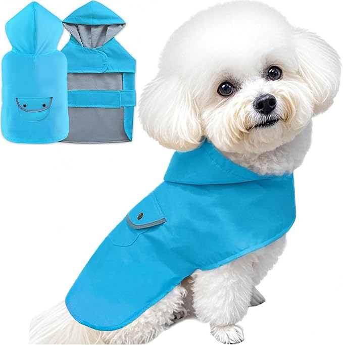 Dog Raincoat Dogs Rain Jacket Reflective Poncho Rainwear Waterproof Pet Clothes Warm Lined Pocket Hooded Leash Hole Adjustable Small Medium Dogs,Blue,L,Back Length 12.0 Inch