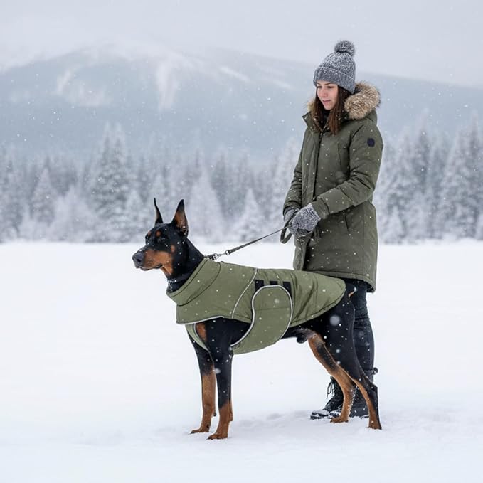 ASENKU Extra Warm Dog Coat - Winter Fleece Jacket with Reflective Adjustable Zippered Leash Hole for Medium Dogs (Green, L)