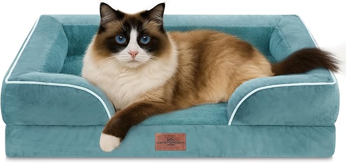 Comfort Expression Orthopedic Dog Bed for Small Dogs 20x14 Inch, Waterproof Supportive Egg Crate Foam Small Pet Bed with Removable Bolster, Dog Couch with Washable Cover & Non-Slip Bottom, Washed Blue