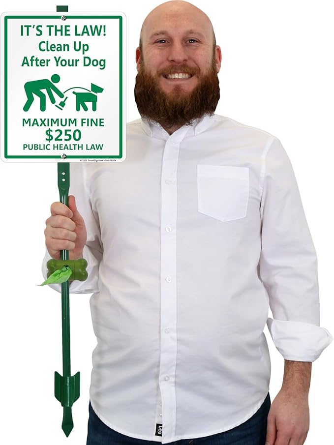 SmartSign It’s Law Clean Up After Your Dog Maximum Fine $250 Yard Sign & Clip-On Plastic Dispenser Combo/Kit, 10"x12" Aluminum Sign with 3ft Stake, Compact Dispenser Preloaded with a 15 Poop Bags Roll
