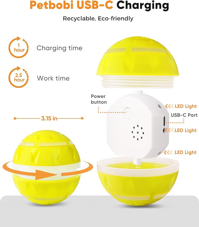 Petbobi Interactive Dog Toys – USB Rechargeable Automatic Rolling Ball with LED Light, Smart Bouncing Ball for Small Medium Pets to Exercise, Durable TPU Shell, Dog Toys to Keep Them Busy, Yellow