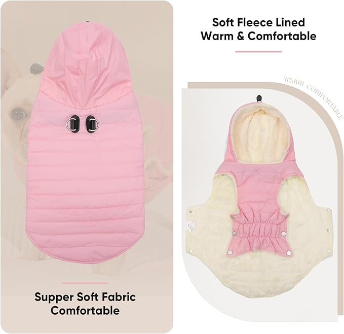 Fleece Lining Dog Hoodie with Harness Built in,Extra Warm Medium Dog Jacket in Winter Doggie Coats with Drawstring Hooded,Light Pink L