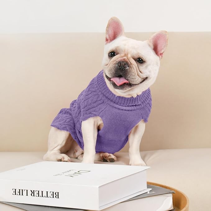 2 Pack Dog Sweaters for Medium Dogs Turtleneck Pullover Cable Knit Stretch Clothes French Bulldog Dachshund Boston Terrier Corgi Beagle Pug Boy Girl Pets Winter Clothes (M, Pink & Purple)