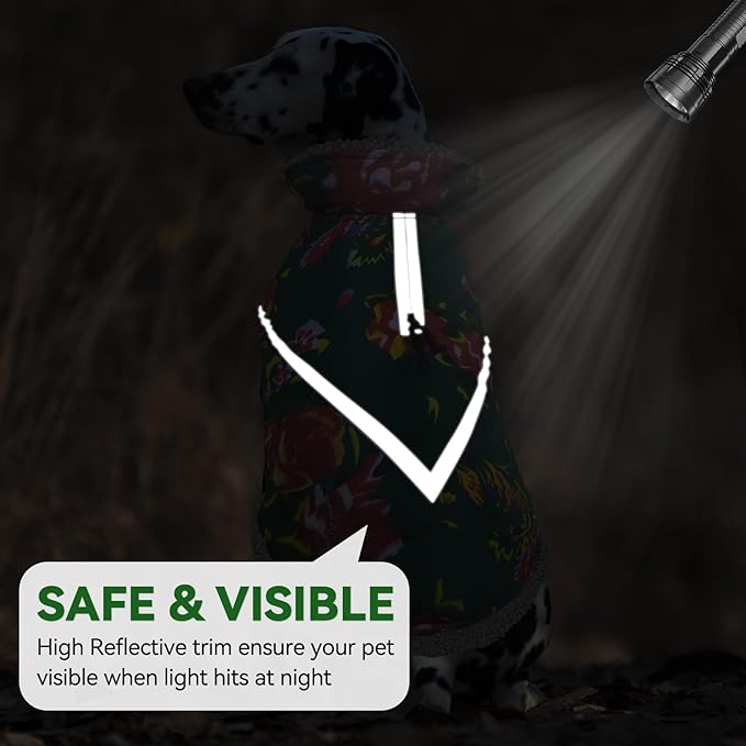 VIVAGLORY Snowrap Dog Coat, Jacket with Harness Hole & Velcro Closure, Dog Coat for Winter & Cold Weather, Fluffy Warm Fleece Lined Reflective Water Resistant for Puppy, XL, Northeast Florals-Green