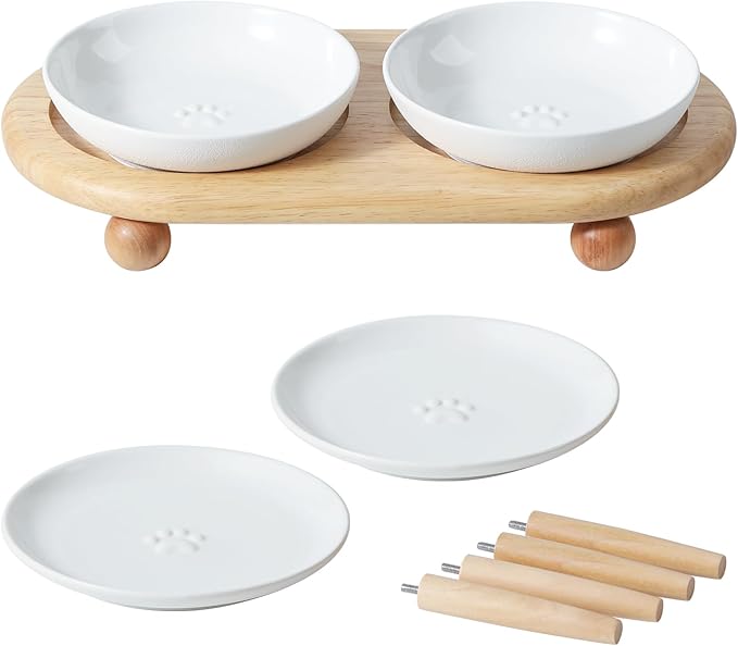 Raised Ceramic Wide Whisker Friendly Cat Dishes, Food& Water Bowl with 2 Style Stand Adjustable Raised Pet Bowl Set(2Dish+2Shallow Dish+Stand, White