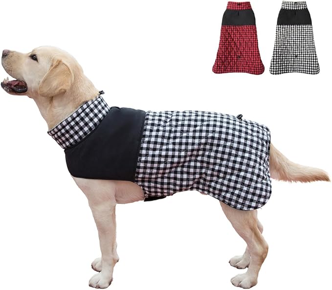 Dog Jackets for Winter, Reversible Dog Coat Windproof Waterproof Jackets for Cold Weather, British Style Plaid Coats Warm Vest for Small Medium Large Dogs (Black, 6XL)