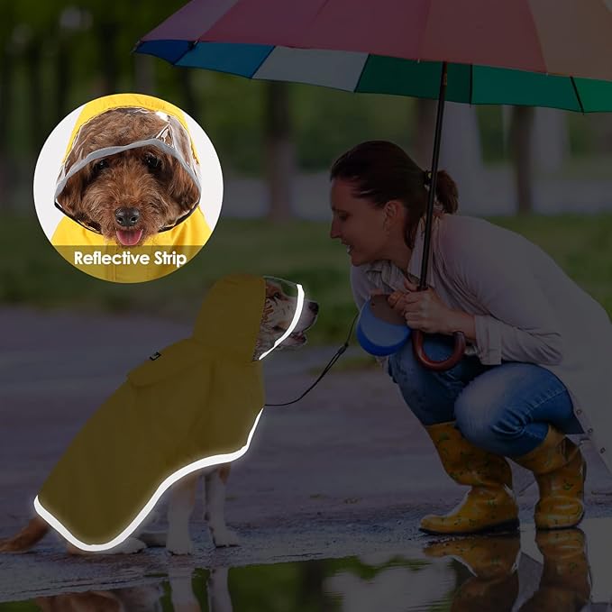 SlowTon Dog Raincoat, Adjustable Dog Rain Jacket Clear Hooded Double Layer, Waterproof Poncho with Reflective Strip Straps and Storage Pocket for Small Medium Large Puppies(S)