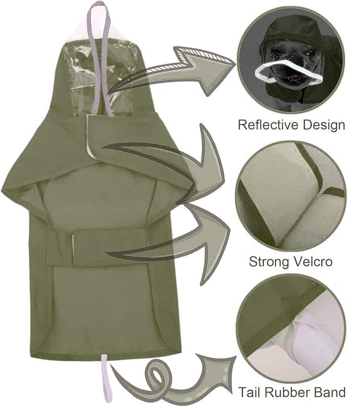 Pet Raincoat Packable Hooded Dog Rain Jacket Reflective Strips Lightweight Adjustable Poncho for Small Medium Large Dogs Army Green XXXL