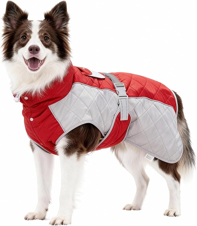 Dog Coat Dogs Winter Coat- Fleece Lined,Water-Resistant,Convertible Collar,Back Reflective Strip&Easy to Wear for Outdoor Walking Dog-Jacket(Red, XX-Large)