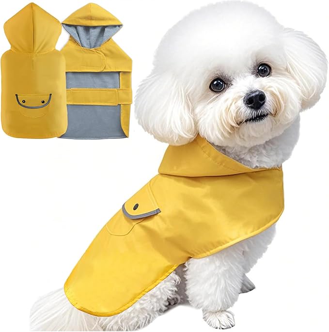 Small Dog Raincoat Dogs Rain Jacket Reflective Poncho Rainwear Waterproof Pet Clothes Warm Lined Pocket Hooded Leash Hole Adjustable for Puppy,Yellow,S,Back Length 8.3 Inch