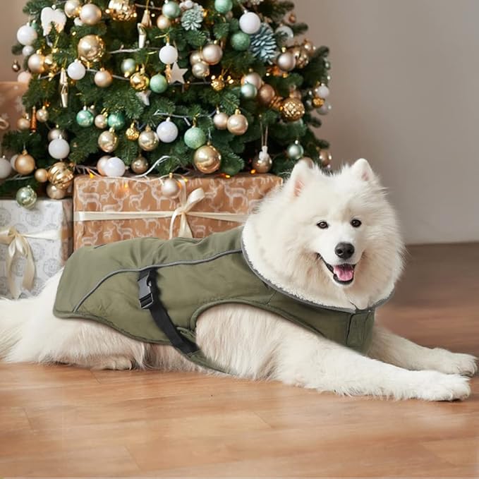 EMUST Dog Coat Winter, Waterproof Pet Snow Jacket for Winter, Adjustable Small/Medium/Large Dog Coat, Green, L