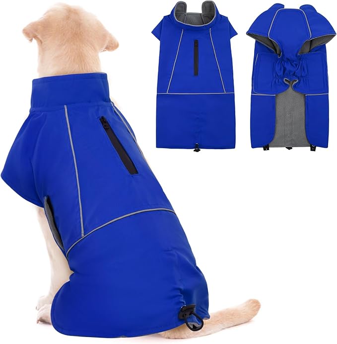 ROZKITCH Great Dane Costumes, Waterproof Windproof Dog Rain Jacket with Fleece Liner and Leash Hole Reflective Strip for Large Giant Dog, Adjustable Poncho Vest for Outdoor Hiking Travel Blue 4XL