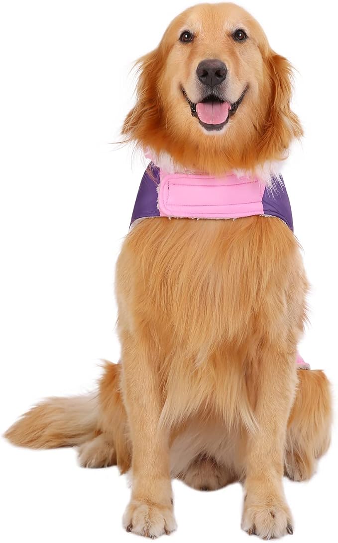 HDE Dog Puffer Jacket Fleece Lined Warm Dog Parka Winter Coat with Harness Hole Pink Stripe - XL