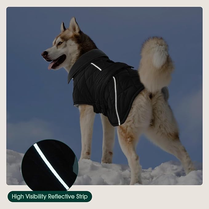 Kuoser Extra Warm Dog Jacket Windproof Cold Weather Coats for Medium Dogs, Fleece Lining Turtleneck Dog Coat Quilted Pet Christmas Winter Snow Suit with Reflective Strips, Dark Grey M