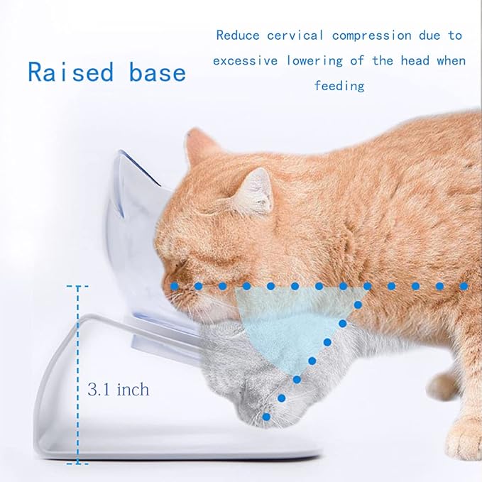 Luck Dawn Double Elevated Cat Bowls with Raised Stand, 15 Tilted cat Design Neck Guard Stand Pet Food Water Feeder Bowl for Cats or Small Dogs