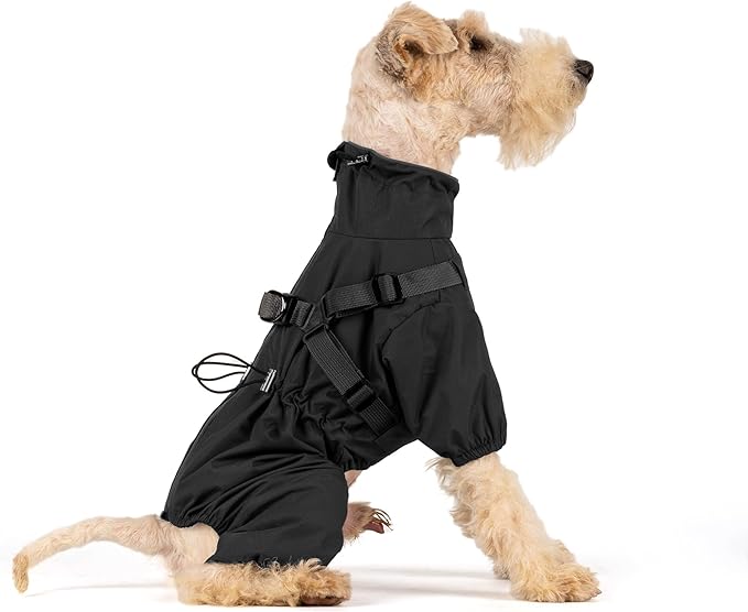 Mile High Life Waterproof Dog Raincoat, Full Coverage Small Dog Rain Coat with Harness, Adjustable 4 Legs Puppy Rain Jacket with Reflective Strip and Elastic Cuffs (Black, L Back Length 16.1")