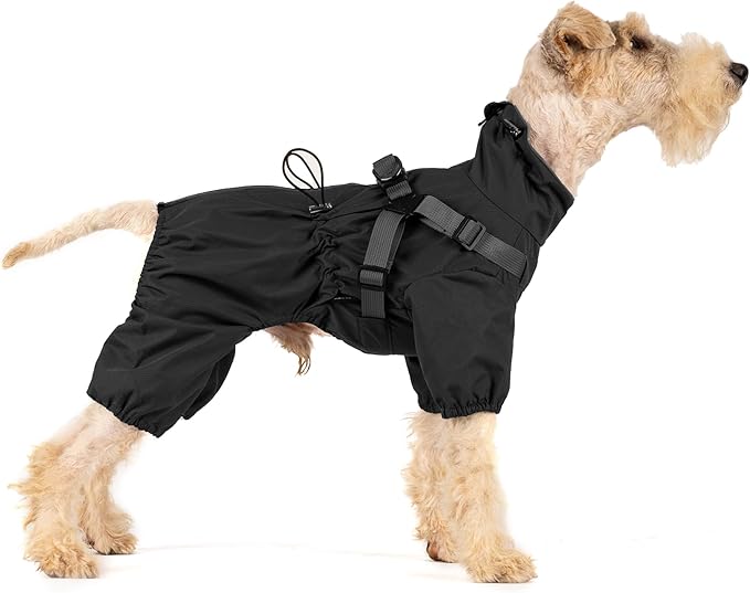 Mile High Life Waterproof Dog Raincoat, Full Coverage Small Dog Rain Coat with Harness, Adjustable 4 Legs Puppy Rain Jacket with Reflective Strip and Elastic Cuffs (Black, XXS Back Length 9.8")