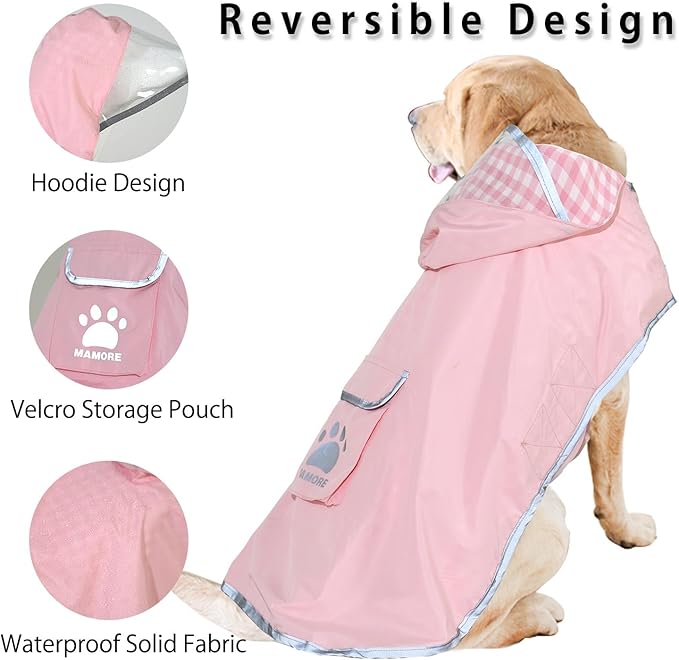 MAMORE Dog Raincoat Reversible,Waterproof Dog Rain Coat Hooded Slicker Poncho with Reflective Strip, Plaid Double Layer Rain Jacket for Small Medium Large Dogs (Pink, Medium)