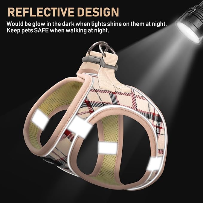 GAMUDA Small Dog Harness Collar and Leash Set, Step in No Chock No Pull Soft Mesh Adjustable Dog Vest Harnesses Plaid Reflective for Dogs Puppy Cats Kitten Rabbit (Beige, M)