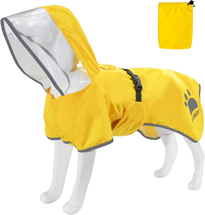 MAMORE Dog Raincoat Hooded Rain Jacket for Small Medium Large Dogs Slicker Poncho Bottom Waterproof Adjustable Reflective Breathable Leash Hole (Yellow, Large)
