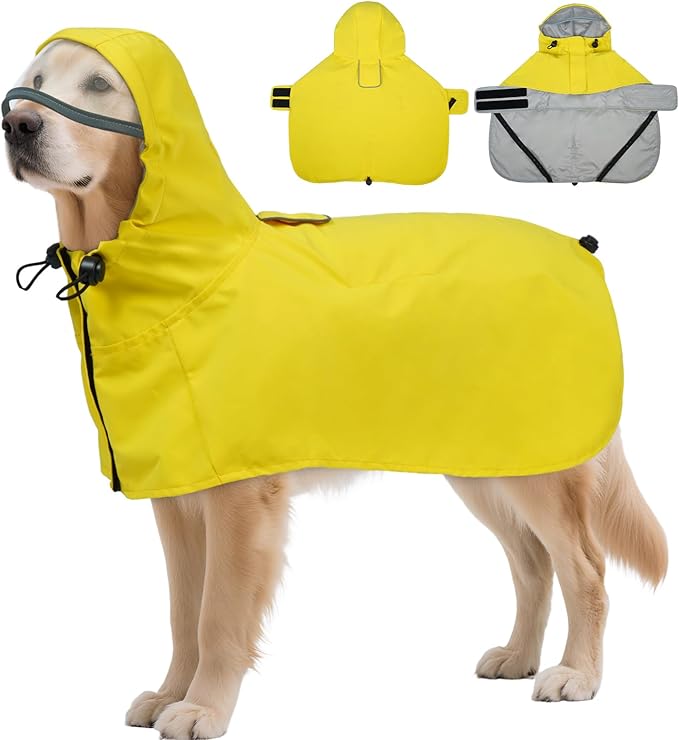 DENTRUN Waterproof Dog Rain Jacket with Hood for Golden Retriever, Husky – Extra-Long Coverage for Heavy Rain, Beach Trips, Dog Parks – Magic Tape & Mesh Lining, XXL