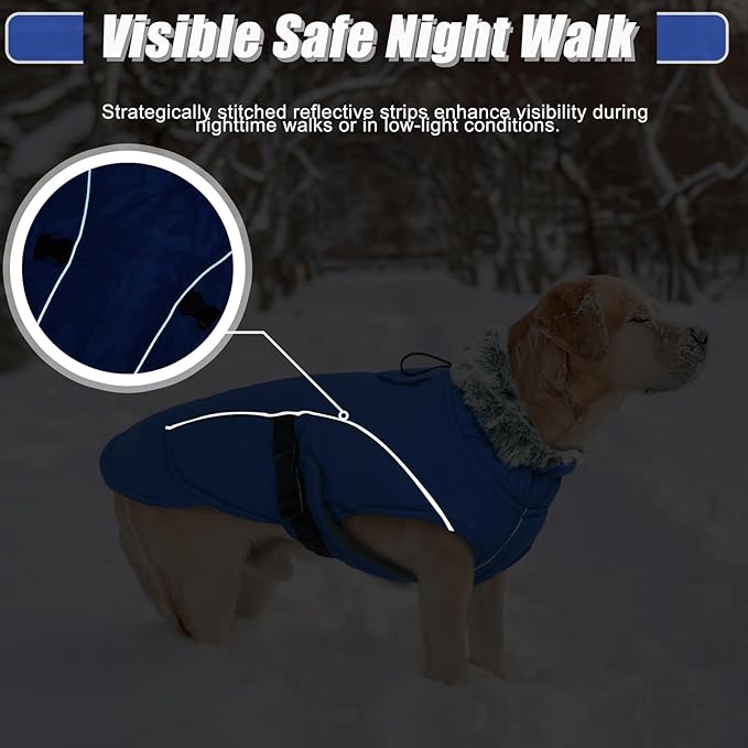 DENTRUN Extra Large Warm Dog Jacket - Windproof Water Repellent Reflective Coat, Adjustable Plush Turtleneck, Easy Wear Fleece Lined Cold Weather Vest for Great Dane, Blue, XXXL