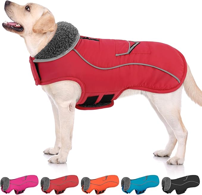 SUNFURA Dog Coat, XXXL Dog Winter Jacket, Reflective Fleece Snow Coat with Furry Collar, Waterproof Pet Puffer Jacket for Great Dane Extra Large Dogs, Red 3XL