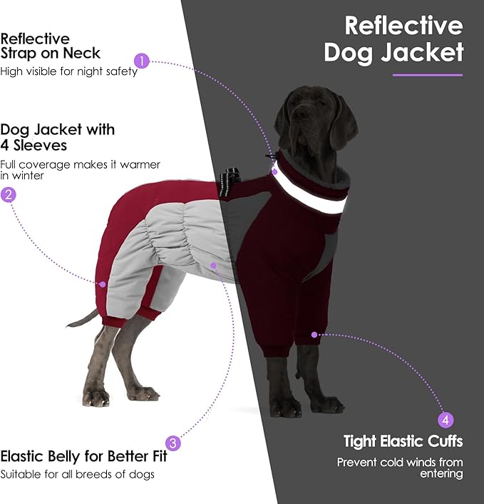 SUNFURA Full Body Dog Coat - Warm Fleece Jacket for Medium Dogs, Turtleneck Winter Coats with Harness, Reflective Dog Snowsuit Windproof Puffer Jackets with Legs for Boston Terrier, Burgundy M