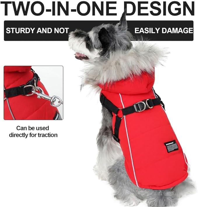PINA Dog Winter Coat, Dog Winter Jacket with Waterproof Fabric, Warm Dog Coat with Faux Fur Hood, Dog Winter Vest with Reflective Strap for Small Medium Large Dogs, Red, L