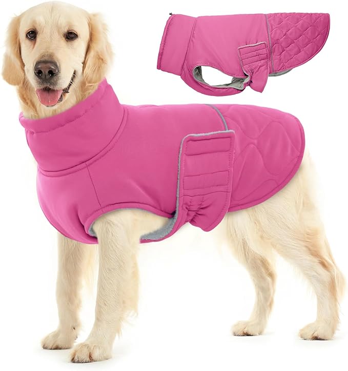 BRKURLEG Dog Winter Jacket, Warm Dog Winter Coats for Small and Medium Large Dogs, Reflective Adjustable Pet Cold Weather Coats, Waterproof Dogs Snow Jacket Clothes Fleece Vest XXL, Rose Red