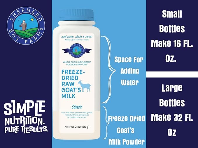 Shepherd Boy Farms Freeze Dried Raw Goats Milk with Probiotics for Dogs & Cats (Golden Blend), Organic USA Veggies & Fruits, High Protein, Digestible Goat Milk Powder, Food Toppers - Makes 16 FL OZ