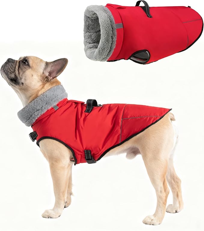 Mihachi Dog Coat for Medium Dogs, Warm Dog Winter Coat Waterproof Dogs Jacket with Harness Built in Reflective Pet Fleece Vest, Puppy Cold Weather Coats Turtleneck & Windproof Dogs Snowsuit, Red M