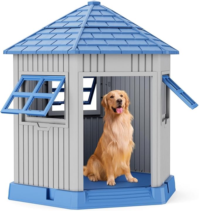 EasyUp Dog House Outdoor Resin Puppy Shelter with Air Vents and Elevated Floor, Sturdy Durable Waterproof Dog Kennel for Small Medium Large Sized Dogs (34.8 * 30.51 * 36.89in,Blue)