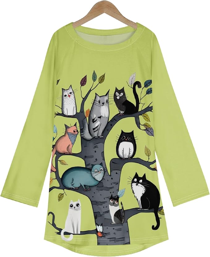 Womens Tunic Shirt Cute Cat Print Long Sleeve Round Neck Women T Shirts Cotton Casual Plus Size Vacation Tunics Tops