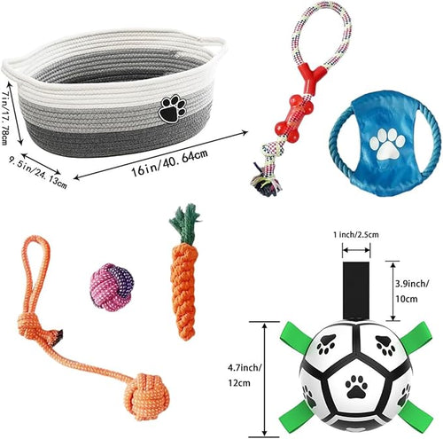7 Pcs Puppy Dog Toys Storage Basket Set Dog Gift Chew Toys for Teething Squeaky Plush Duck Rope Woven Basket with Handles for Small Puppy