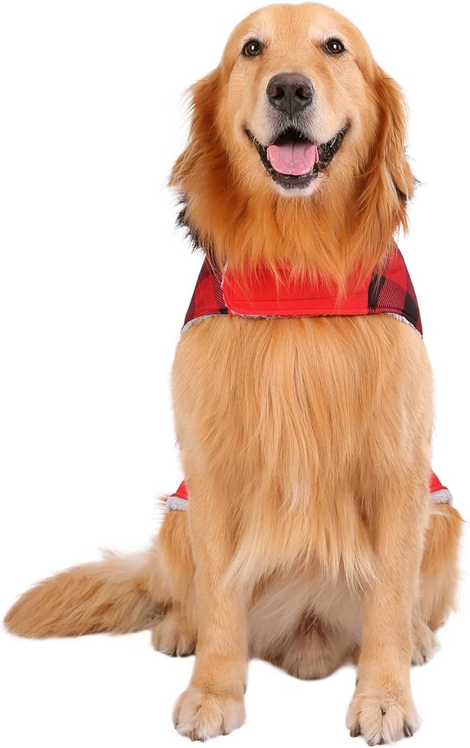 HDE Dog Puffer Jacket Fleece Lined Warm Dog Parka Winter Coat with Harness Hole Buffalo Plaid - XXL