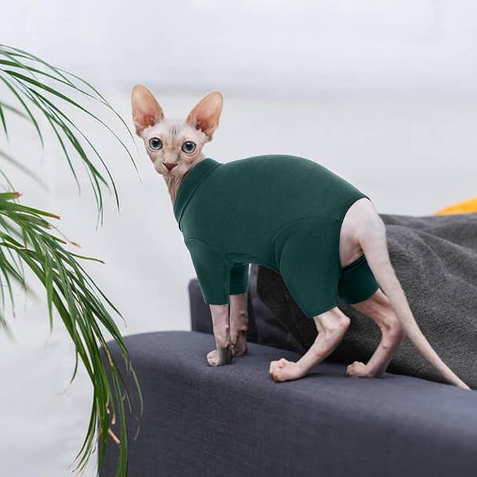 ROZKITCH Pajamas for Cats, Breathable Cat Sweaters for Cats Only, Pet Coat with Four Legs, Warm Sweater T-Shirt Pajamas Jumpsuit Vest Cornish Rex Devon Rex Peterbald DarkGreen S