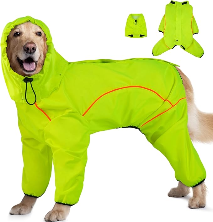 Dog Raincoat, Waterproof Dog Rain Jacket with Removable Hood，Adjustable 4 Legs Pet Poncho with Leash Hole，Reflective Stripe Hooded Snowproof Windproof Clothes for Small to 3X-Large Dogs, M