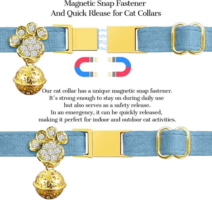 Personalized Breakaway Cat Collars - Magnetic Buckle, Bell - Safety Quick Release, Customized for Girls & Boys Cats- (Velvet-Sky Blue)