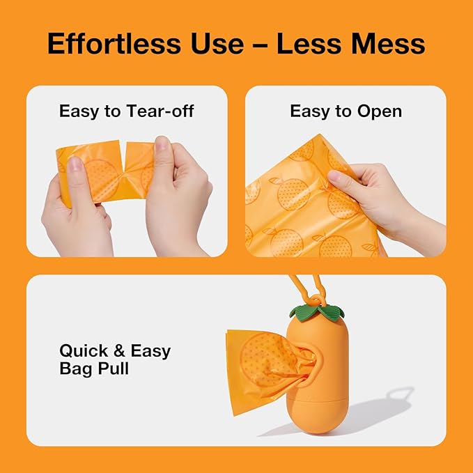 VETRESKA Dog Poop Bag Dispenser with Citrus Scented Waste Bags, Leak Proof, Extra Thick and Large Pet Poop Bags for Walking Dog and Cats Litter, 1 Count Holder and 105 Bags, Orange