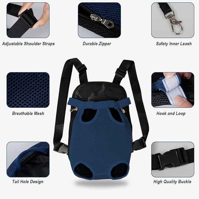 FEimaX Dog Carrier Backpack Pet Legs Out Front Cat Travel Bag, Adjustable Puppy Backpacks Carriers Hands-Free for Small Medium Dogs Cats Hiking Traveling Camping Daily Walking (Medium, Navy)