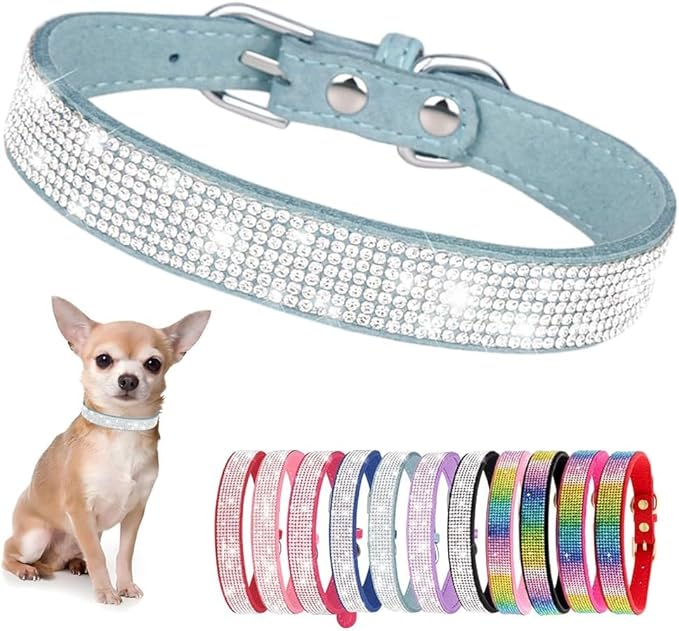 Serijoars Small Dog Collar with Rhinestone Crystal Diamond Colorful Bling Girl Puppy Cat Collars (XS, Light Blue)