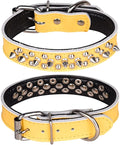 Adjustable Genuine Leather Spiked Studded Dog Collars for Small Medium Large Pets Like Pit Bull Bulldog Pugs Husky (S, Yellow)