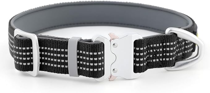 Plutus Pet Reflective Dog Collar with Aviation Aluminum Buckle, Neoprene Padded for Comfort, Lightweight, Heavy Duty Nylon Collar for Puppy Small Medium Large Dogs (Black, L)